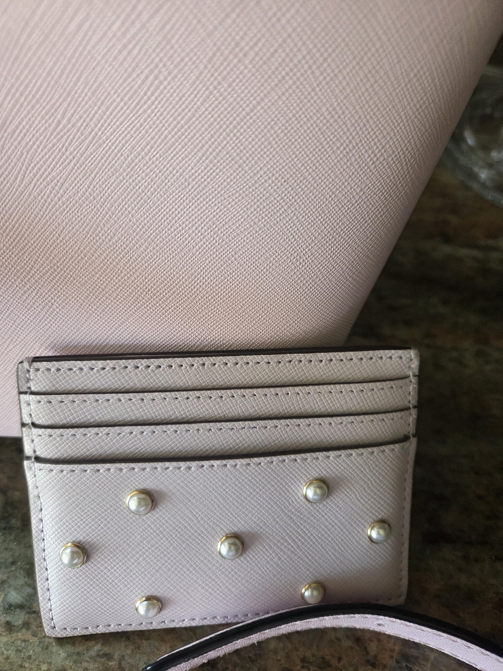 kate spade Light Pink Saffiano Leather Bucket Bag with Pearl Accent Card Holder - Picture 3 of 13